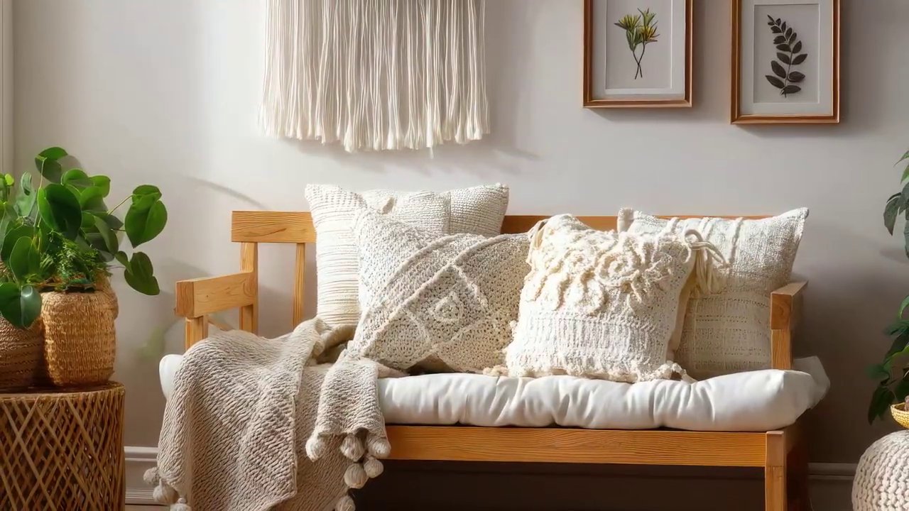 A beautifully styled living room wall featuring a large, intricate crochet mandala as a focal point.