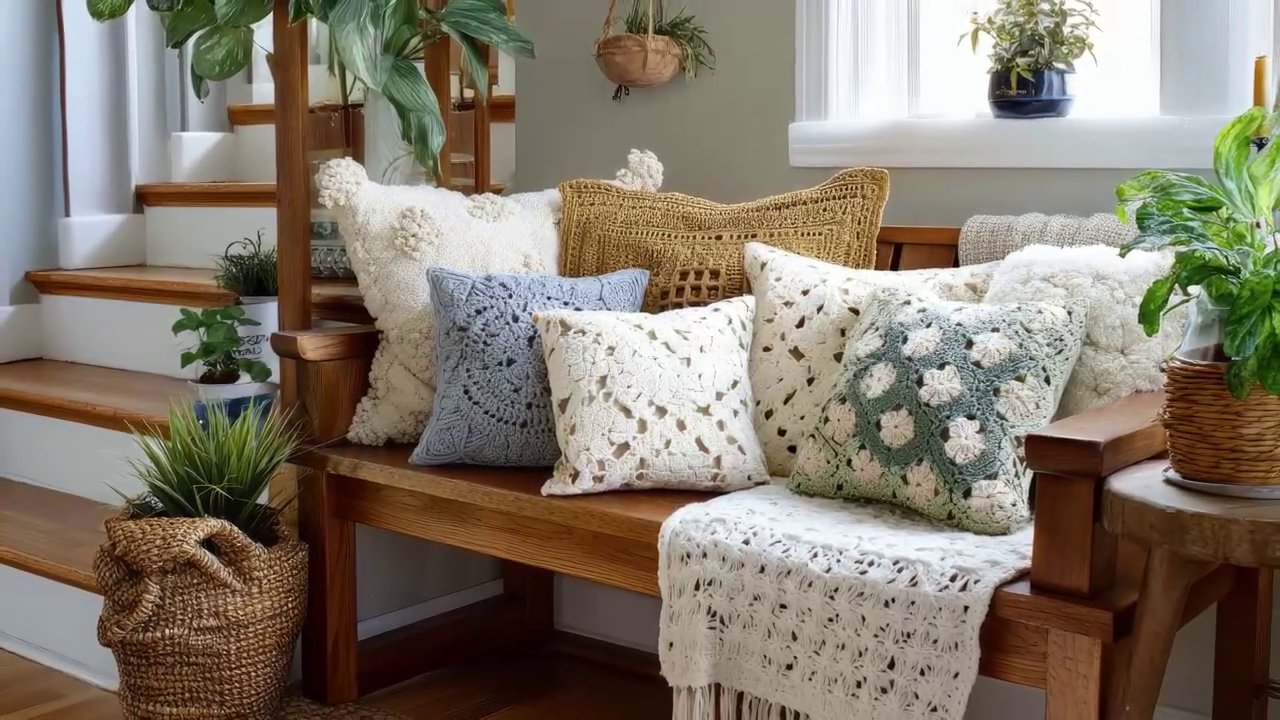 A beautifully styled wall featuring a large, intricate crochet piece in a neutral tone, blending with modern farmhouse decor.