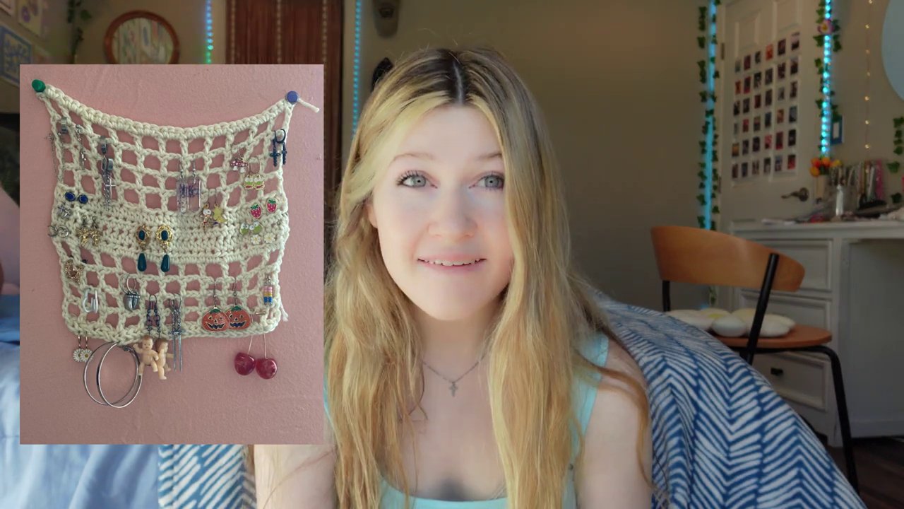 A close-up of a creative crochet jewelry organizer, showcasing its functionality and design.