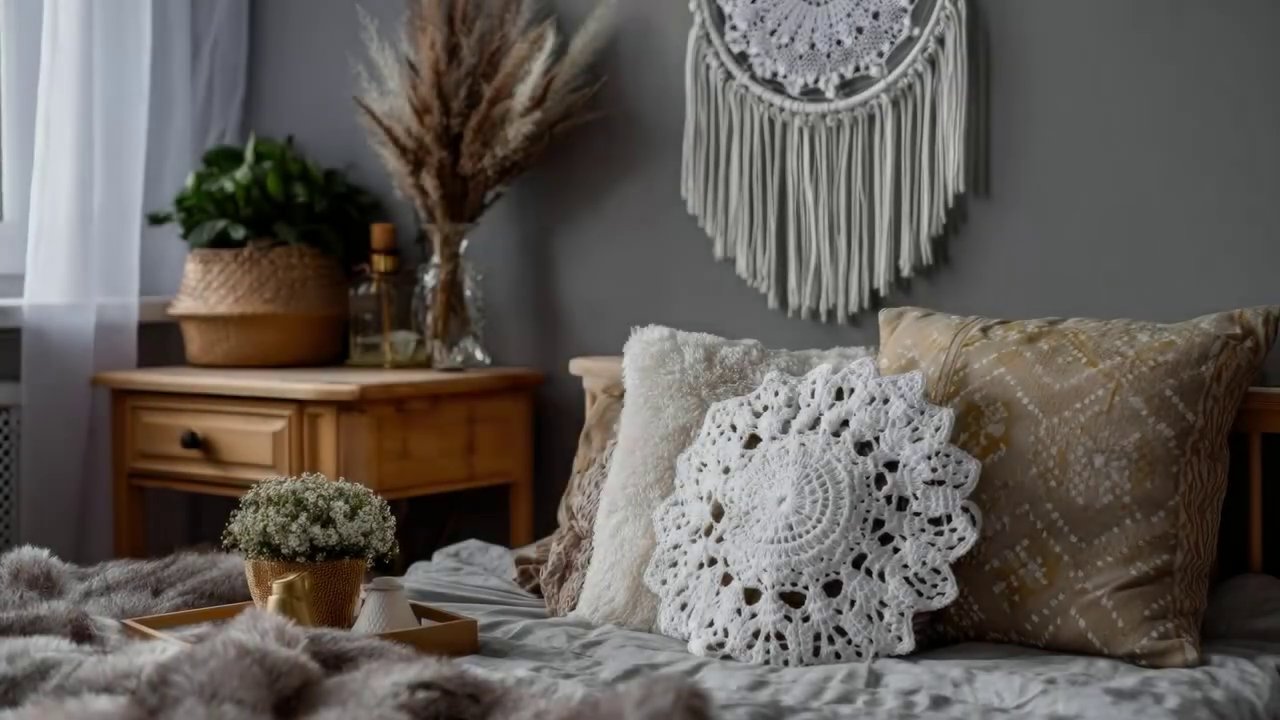 A close-up of a crochet lace-inspired texture against a soft, warm white wall, showcasing the intricate detail and neutral color palette.