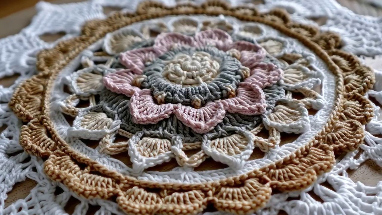 A close-up of a delicate crochet daisy, framed within an embroidery hoop for a vintage-inspired wall display.