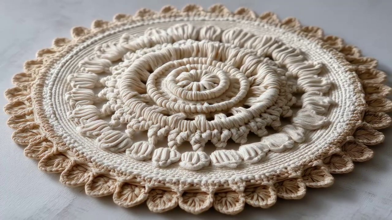 A textured crochet wall panel made with chunky yarn, adding a cozy, modern touch to a neutral bedroom.