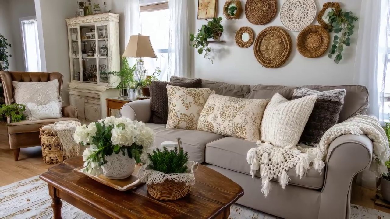 A living room corner where a crochet wall hanging is displayed above a rustic wooden console table, paired with linen textiles and a vintage lamp.