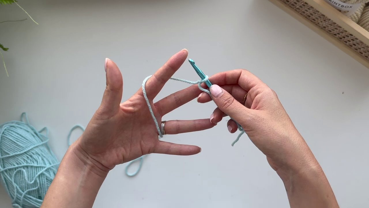 A demonstration of the final yarn hand position, with the yarn wrapped around the index finger and secured between the thumb and middle finger.