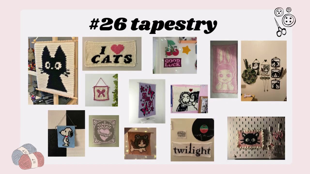 A gallery of crochet wall hangings featuring pictures of cats, inspirational words, and decorative shapes.