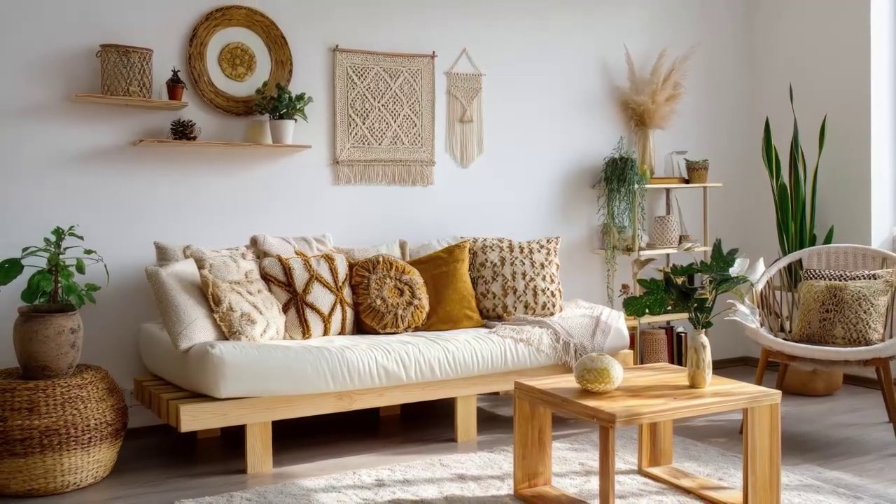 A wide shot of a complete cozy living room, with soft lighting from a vintage lamp, natural textures in baskets and wood, and textiles that complement the crochet wall art.