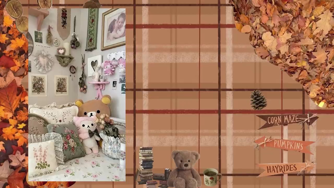 A mood board for a pink coquette aesthetic room, featuring pink crochet pumpkins, a gingham blanket, and a framed floral tapestry.