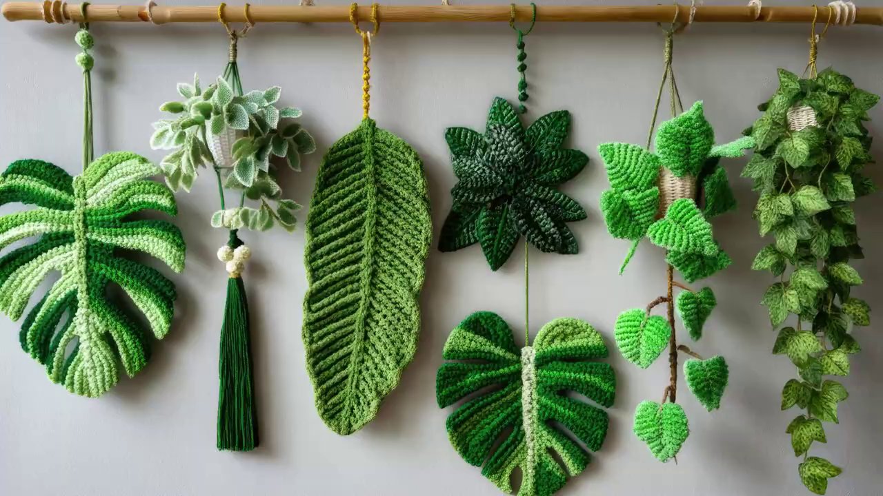 A final, wide shot of a cozy living room transformed with multiple pieces of crochet wall art, creating a layered and inviting space.