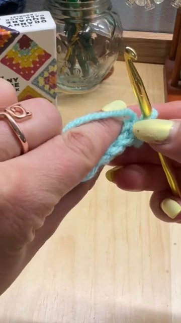 Close-up of a crochet hook inserting into the back loop only, with the front loop clearly visible in the foreground.