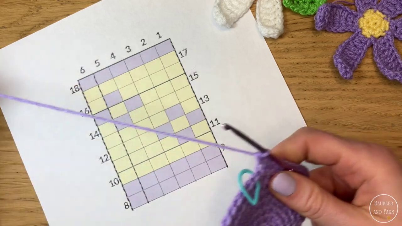 Close-up of stitches being worked into the back loop only, with the working yarn clearly visible.