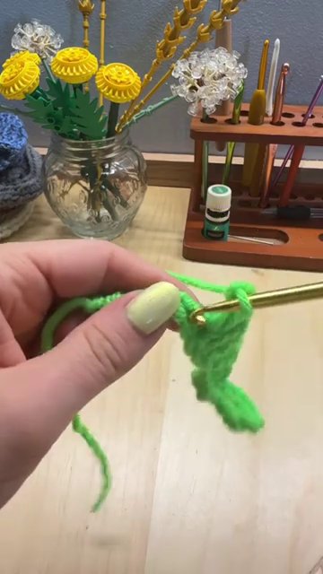 The completed setup row, showing the pattern of double crochet clusters and chain spaces.