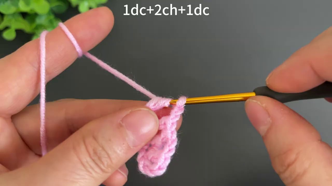 The hook inserts into a chain-2 space from the previous row, ready to form the next V-stitch shell.