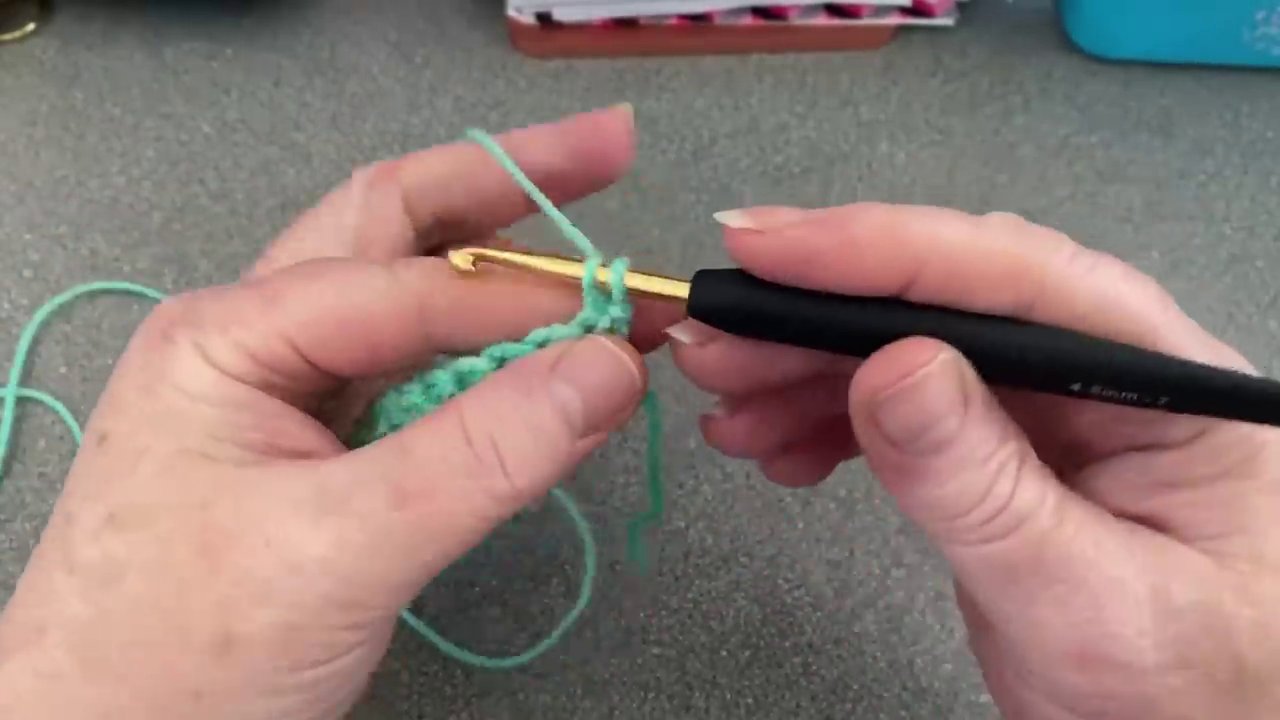 The hook inserted into the first stitch of the row, with no chain made, ready to pull up the first loop.