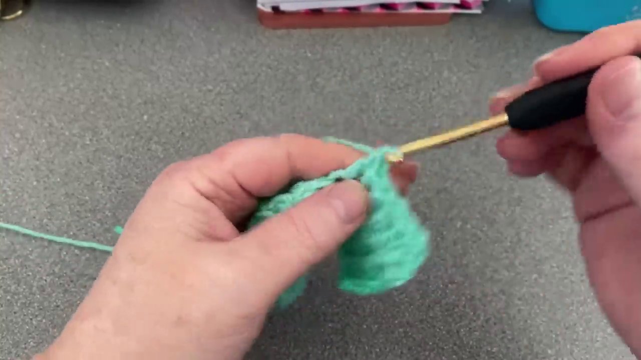 A diagram or photo showing the two-step process: first into the whole stitch, then into the front loop only.