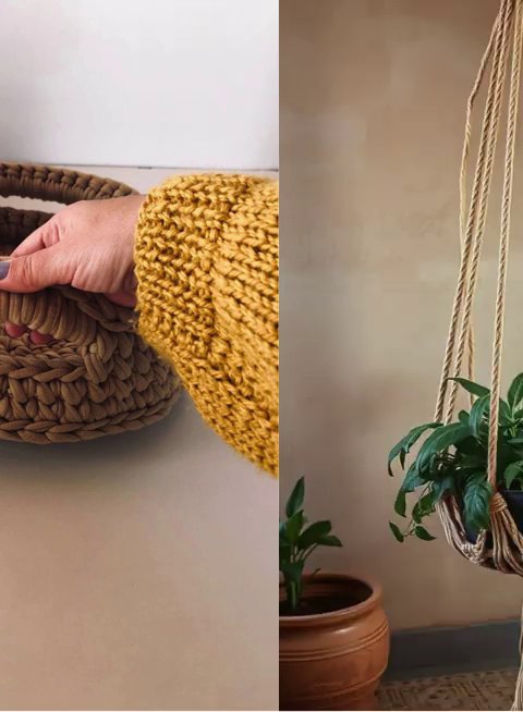 A set of four cream-colored crochet coasters with a textured stitch pattern on a wooden coffee table.