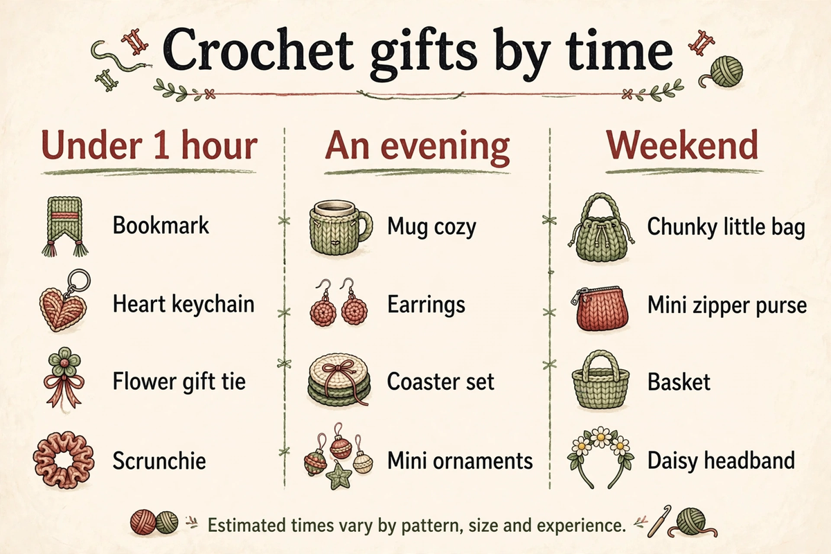 Chart sorting easy crochet gifts by how long they take
