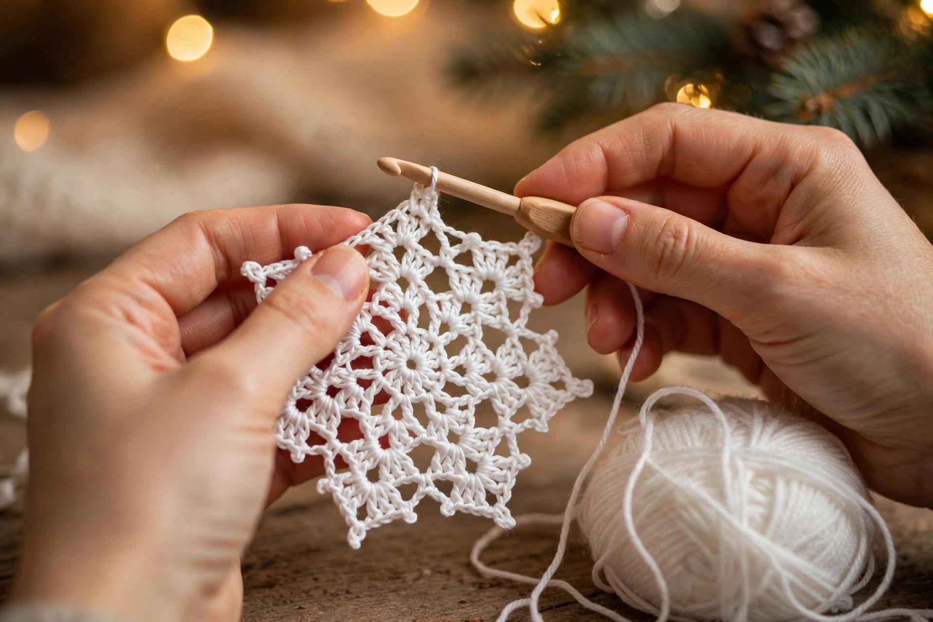 Hands crocheting a white crochet Christmas ornament snowflake with a wooden hook