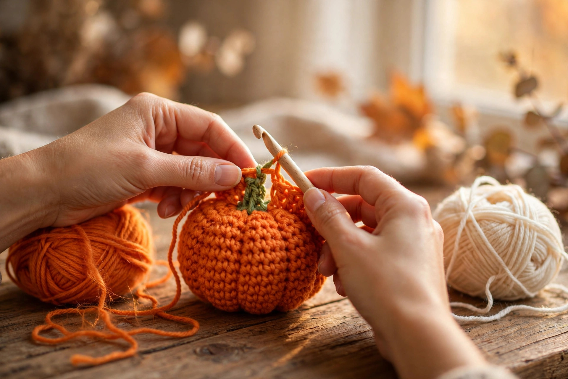 hands crocheting a pumpkin – crochet pumpkin patterns tutorial
